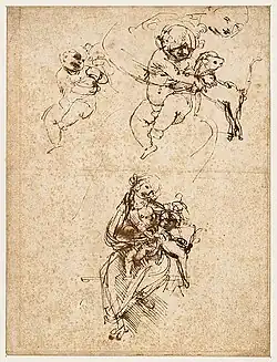 Trois croquis de l’Enfant Jésus qui, assis sur les genoux de la Vierge Marie, embrasse un chat.