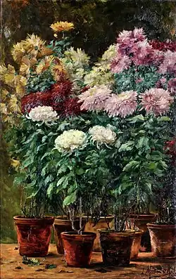 Chrysanthèmes, 1885-1930 (huile sur toile ; Inv. musée de la Vie wallonne no&nbsp;MVW-5063778 ; 126&nbsp;×&nbsp;80&nbsp;cm), Liège, musée de la Vie wallonne.