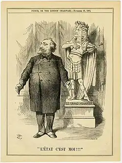 Caricature d'un homme se tenant debout devant une statue.