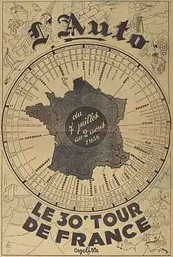 Carte de France en noir sur laquelle figure le tracé du parcours, entourée d'un cercle où sont inscrites les villes-étapes.