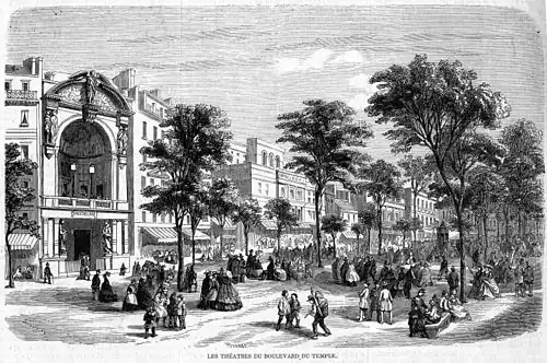 Les théâtres du boulevard du Temple en 1862 avant destruction ; à gauche : théâtre Historique/théâtre Lyrique (L'Illustration, 1862).