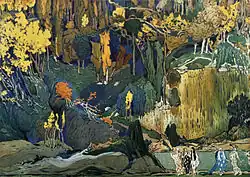 Peinture d'un paysage luxuriant aux teintes très jaune, avec de petits personnages en avant-plan.