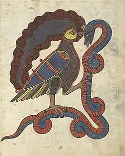 Combat du paon et du serpent.F° 13 r.