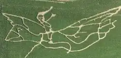 Labyrinthe de maïs : représentation de Nils Holgerson sur son oie, Vigy, Moselle, France.