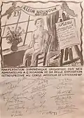 Hommage à Léon Houyoux, dessin original d’Edgard Tytgat, également signé par Paul Cauchie, Anne-Pierre De Kat, Victor Abeloos.