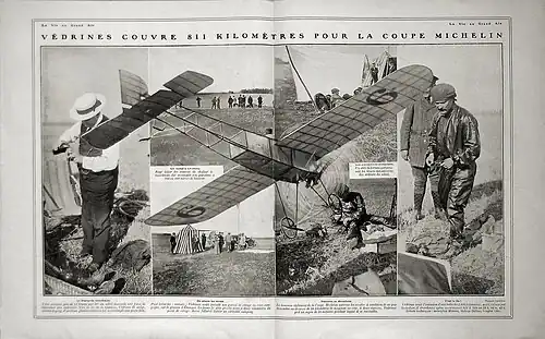 Le 19 août 1911 (no&nbsp;674), la Coupe Michelin Internationale et le pilote français Jules Védrines.