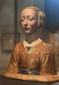Buste de sainte Constance dite La Belle Florentine. Tilleul, traces d'or polychromé, fibre végétale, gesso, peuplier. H. 55 cm. 1450-75. Louvre.