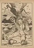 Dessin ne noir et blanc montrant un homme qui gît par terre adossé à un arbre, un bandeau sur les yeux, les mains liées dans le dos, une paire de grands ciseaux enfoncée dans le ventre. De l'arbre tombent des feuilles de papier portant des titres de journaux.