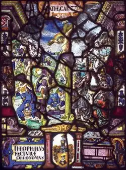 Vitrail montrant la crucifixion et un soldat romain perçant le côté de Jésus.