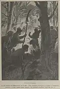 illustration en noir et blanc représentant des hommes sortant d'un bois se faisant tirer dessus au fusil par d'autres individus.