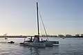 Le trimaran quitte le port du Havre pour prendre le départ de la Transat Jacques Vabre 2015.