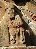 La Martyre : l'église Saint-Salomon, tympan du porche, groupe statuaire de la Nativité, Saint Joseph de Nativité