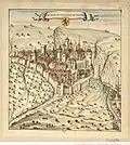 Vieille représentation de la ville de Thiers et de son château en 1460. L'image est surmonté de l'ancien blason de Thiers.