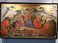 Joseph d'Arimathie et Nicodème enveloppent le corps de Jésus dans le suaire. Ils arborent un nimbe octogonal aux bords convexes. Déploration du Christ, anonyme, XVe siècle (Musée du Petit Palais, Avignon).