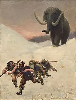 Dessin d'un mammouth marchant dans la neige avec trois hommes s'enfuyant devant lui.