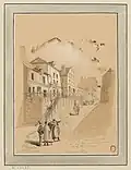Vue de la rue en 1884 au coin de la rue Monge (dessin de Jules-Adolphe Chauvet).
