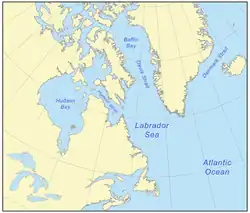 Carte de la mer du Labrador. La mer s'étend au sud  jusqu'à la pointe sud-est de Terre-Neuve.
