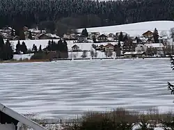 Le lac partiellement gelé (Saint-Point-Lac au fond).