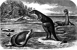 Dessin inexact en noir et blanc de divers animaux préhistoriques, dont deux s'affrontent au premier plan.