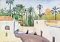 Aquarelle représentant des murs blancs avec quelques personnages, et derrière de la verdure et de des palmiers