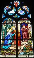 Chapelle Notre-Dame de Lambader : vitrail, les mystères du Rosaire, le 2e mystère joyeux (la Visitation).