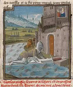 Enluminure du XVe siècle où est montré un chevalier marchant à quatre patte sur une épée géante qui sert de pont pour atteindre un château