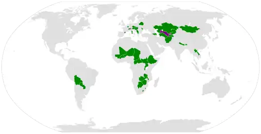 Les pays du monde sans littoral : .mw-parser-output .legende-bloc-centre{display:table;margin:0 auto;text-align:left}.mw-parser-output .legende-bloc ul li{font-size:90%}.mw-parser-output .legende-bloc-vertical ul li{list-style:none;margin:1px 0 0 -1.5em}.mw-parser-output .legende-bloc-vertical ul li li{list-style:none;margin:1px 0 0 -1.0em}Pays qui n'ont pas accès à la merPays qui sont uniquement entourés par des pays eux-mêmes sans accès à la mer (Ouzbékistan et Liechtenstein)