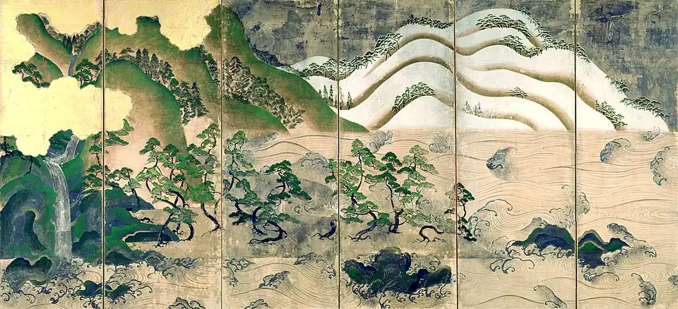 Paysage des quatre saisons. Paravent (gauche) double à 6 feuilles,147,0&nbsp;cm × 313,5&nbsp;cm.