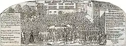 Gravure en noir et blanc représentant une assemblée ; en haut de la gravure la mention "Lands-Gemeid-Ordnung" (ordre de la Landsgemeinde).