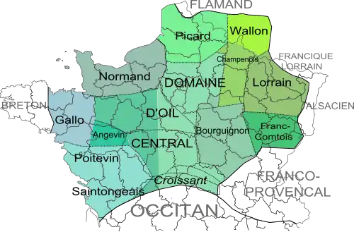 Carte illustrant la répartition géographiquer des langues d'oïl selon Marie-Rose Simoni Aurembou.