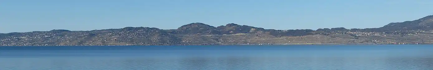 Lavaux de Lutry à Rivaz vu de la rive opposée du lac, en hiver