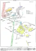 Plan de l'usine de Washoe, de l'Anaconda Copper en 1916. Les ateliers sont organisés autour des carneaux de fumées (en vert), qui convergent vers l'Anaconda Smelter Stack.
