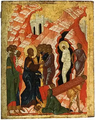 La Résurrection de Lazare — XVe siècle. École de Novgorod. 72 x 60 cm. Musée russe, Saint-Pétersbourg, Russie