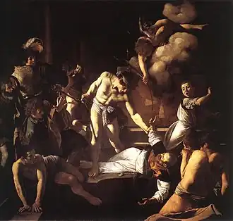 Peinture représentant un vieillard couché, sur lequel un jeune homme s'apprête à abattre une épée.