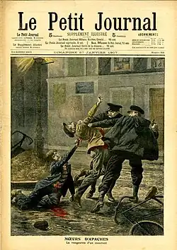 Dessin en couverture de journal montrant une rixe mortelle à laquelle participent quatre individus.