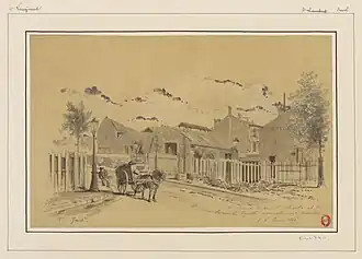Le coin avec la rue Saint-Charles en 1892 (dessin de Jules-Adolphe Chauvet).