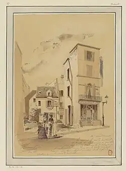 Le coin de la rue d'Auteuil et de celle des Perchamps en mai 1883 (dessin de Jules-Adolphe Chauvet).