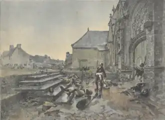Reproduction d'une peinture représentant Charette debout à l'entrée d'un église, entouré de soldats vendéens, tués, blessés ou en train de combattre.