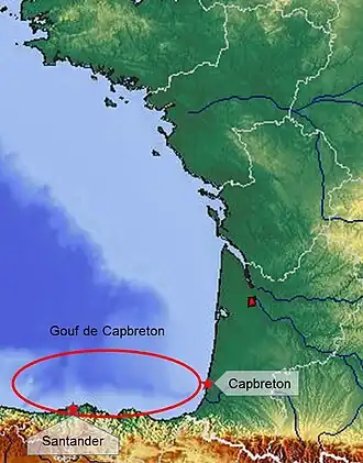 Le gouf de Capbreton sur une carte du golfe de Gascogne
