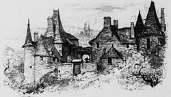 Le manoir de la Greurie à Vitré où vécut Pierre Landais (lithographie d'Albert Robida, publiée dans La Vieille France, Bretagne, 1890).).