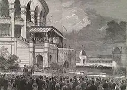 Gravure représentant l'ouverture de l'exposition par le président du haut d'une tribune située en haut du palais.
