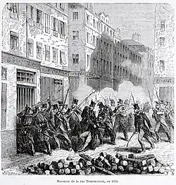 Représailles militaires dans un immeuble de la rue Transnonain le 14 avril 1834, gravure de Jules Gaildrau.