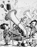 Lamoureux, Gailhard et Wagner « Le nouveau siège de Paris », caricature de Moloch.