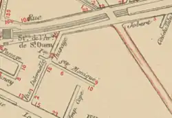 L'ancienne rue des Tennis, composée du passage Delaruelle et du passage Jobert, sur une carte de Paris en 1898. On remarque que, contrairement à la rue des Tennis, le passage Jobert fait un angle et continue très largement à l'est sur l'actuelle rue Belliard.