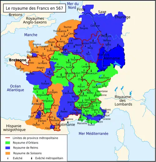 Royaumes francs en 567.