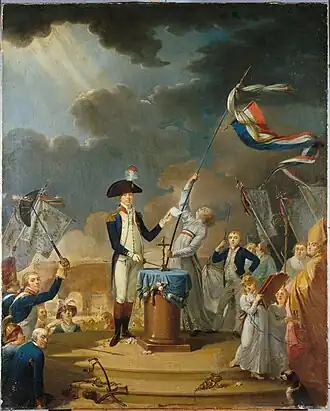 Peinture représentant une foule entourant deux personnages au centre : à gauche un militaire à bicorne à plume tendant un papier et posant la pointe d'un poignard sur un petit autel sur lequel est posé une croix, à droite un prêtre en aube blanche à ceinture tricolore, qui dresse un fanion tricolore flottant au vent. Œuvre conservée au musée de la Révolution française.