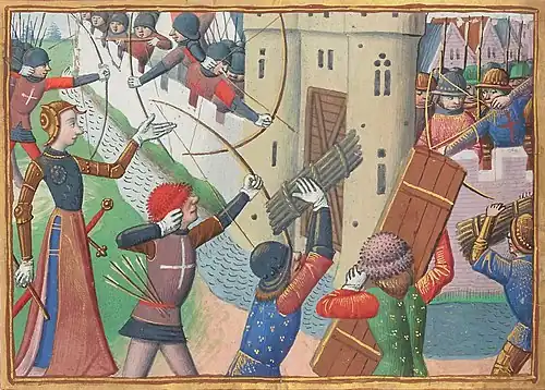 Jeanne d'Arc à la porte Saint-Honoré lors du siège de Paris de 1429, miniature extraite des Vigiles de Charles VII de Martial d'Auvergne, Paris, BnF, département des Manuscrits, ms. Français 5054, fo&nbsp;66vo&nbsp;, fin du XVe&nbsp;siècle.