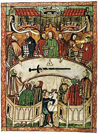 Miniature. Personnages alignés de face derrière une table en arc de cercle, sur laquelle est posée une épée. Devant la table, d'autres personnages tournent le dos. Un greffier est assis sur un tabouret.
