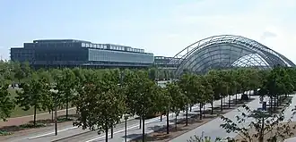 Arbres bordant une routes, avec deux grand hangars en arrière-plan.