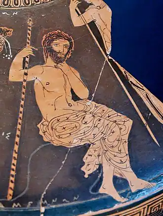 Agamemnon assis tenant son sceptre, fragment d'un couvercle de lékanis attique à figures rouges, v. 410–400 av. J.-C., Musée archéologique national de Tarente